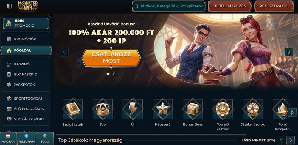 A MonsterWin kaszin&oacute; magyar nyelvű kezdőoldala