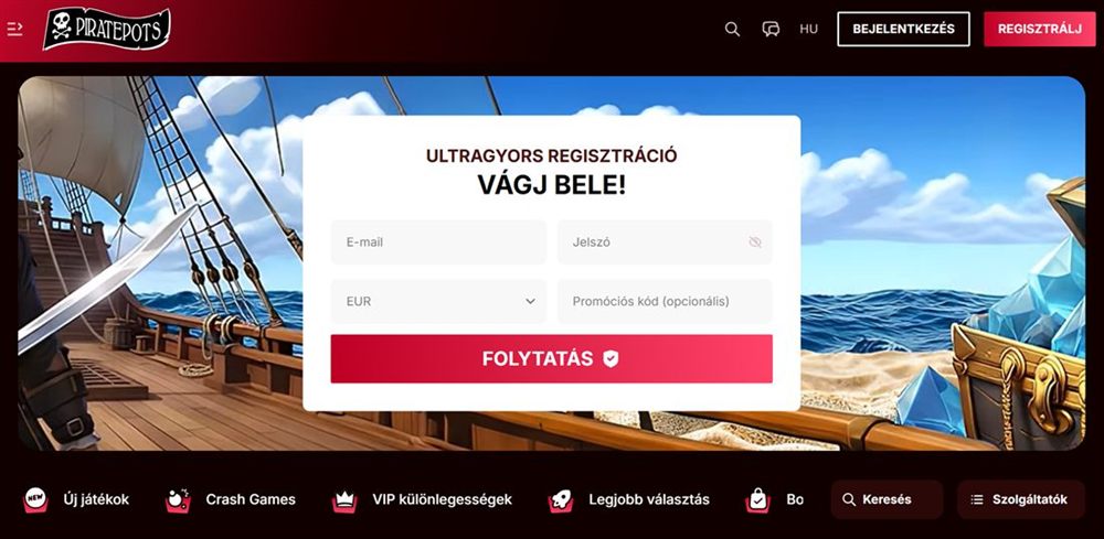 A PiratePots kaszin&oacute; magyar kezdőoldala